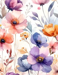 A vibrant floral pattern featuring various shades of pink, purple, and orange flowers and leaves on a white background.  Soft watercolor style