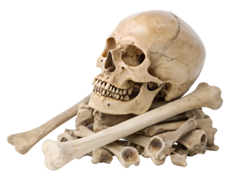Human skull and bones isolated on transparent background
