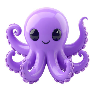 3D plastic cartoon-style octopus icon, purple rounded plastic with shiny eyes