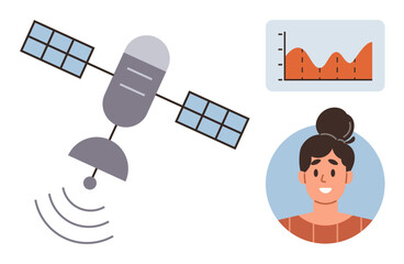 Satellite emitting signals, bar graph representing analytics, and smiling woman portrait. Ideal for communication, technology, networking, satellite data, remote sensing innovation analysis. Simple