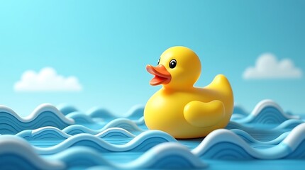 Rubber Duck Floating on Waves – Whimsical Bath Toy Illustration
