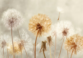 Obraz premium Dreamy Dandelion Seed Heads Closeup, Soft Beige Artistic Floral Nature
