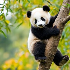 Obraz premium A playful young giant panda climbs a tree in a natural habitat, with lush green foliage in the background