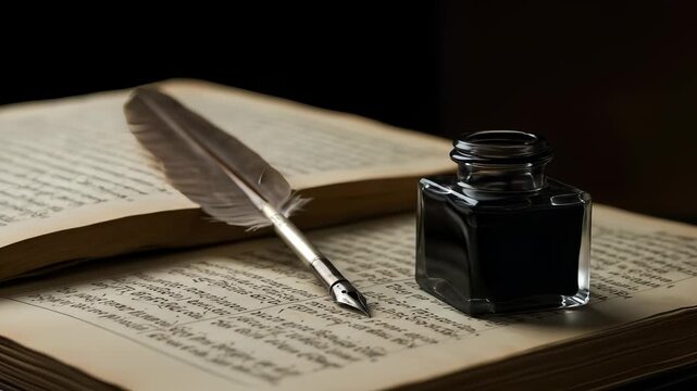 Quill and Inkwell Resting on an Antique Book: A Timeless Literary Scene