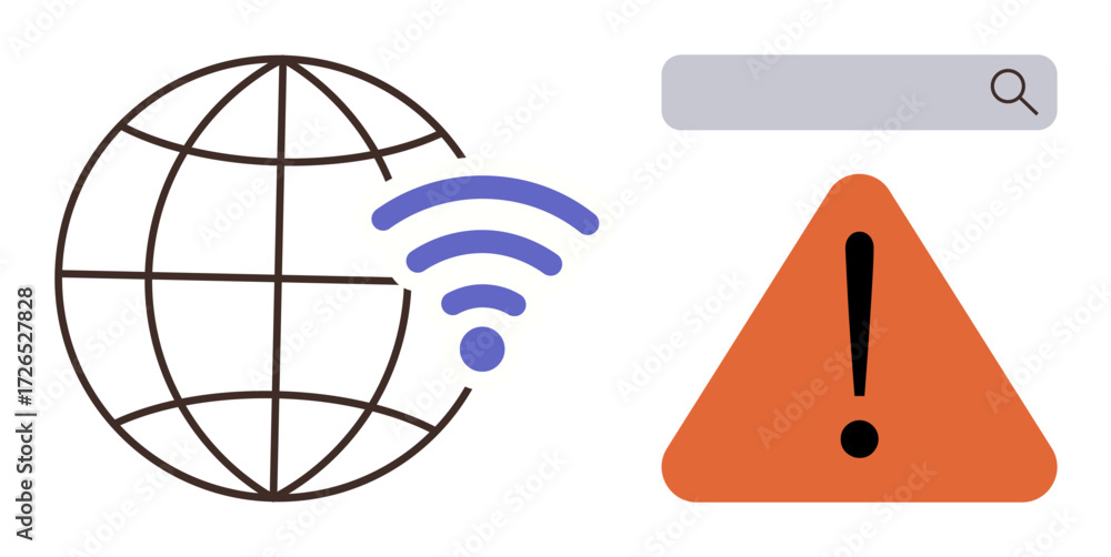 Poster globe with wireless signal, triangular warning sign with exclamation mark, and search bar. ideal for