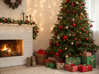 Christmas living room with fireplace and decorated tree