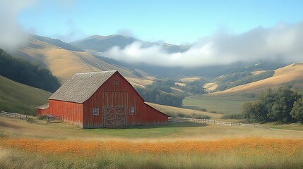 Red barn nestled in a sun-drenched valley, with rolling hills and clouds