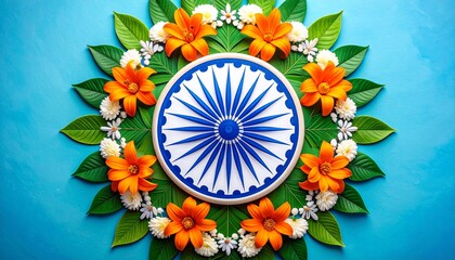 Floral mandala inspired by Indian flag with Ashoka Chakra center, orange, white, green petals, and symbolic blossoms.
