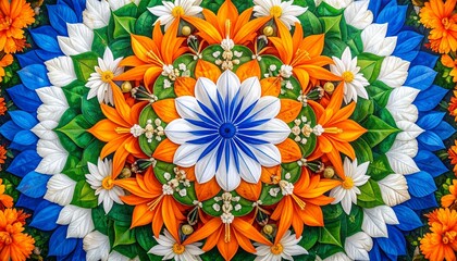 Floral mandala inspired by Indian flag with Ashoka Chakra center, orange, white, green petals, and symbolic blossoms.