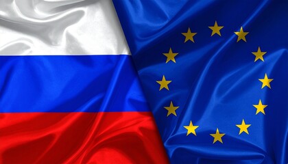 Russia and EU flags side by side with fabric folds, symbolizing diplomatic contrast and geopolitical tension.