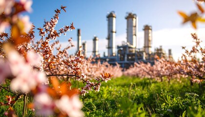 Factory and Cherry Blossoms with Green Grass Under Blue Sky
