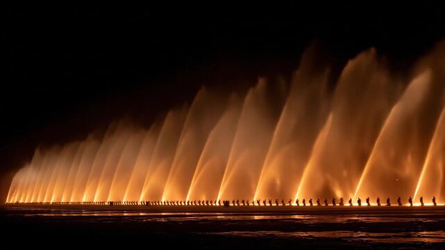 Rows of monks silhouetted against rows of golden water fountains at night