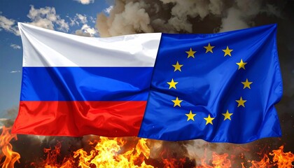 Russia and EU flags burning with smoke, symbolizing intense geopolitical conflict and diplomatic breakdown.