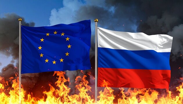 Russia and EU flags burning with smoke, symbolizing intense geopolitical conflict and diplomatic breakdown.