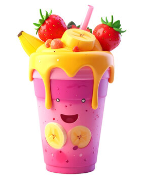3D plastic cartoon-style smoothie cup icon with fruit toppings like strawberry