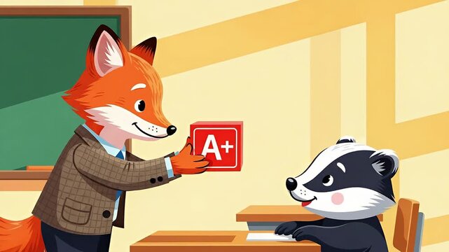 Fox Teacher Giving Badger A+ Grade in Classroom