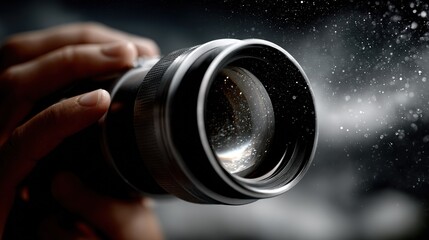 Close up of  person's hand holding  camera lens with abstract light flares and particles against  dark blurred background