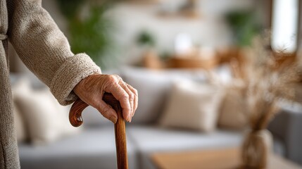 Close up of  elderly person's wrinkled hand gripping  wooden cane with  softly blurred indoor living room setting in  background