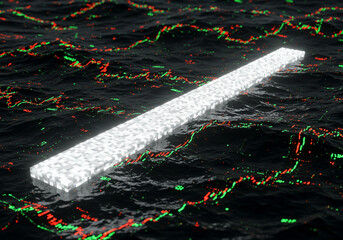 Abstract digital artwork of a luminous block floating on a textured, financial data-infused surface.