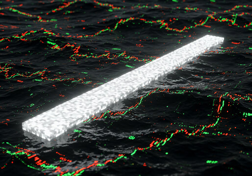 Abstract digital artwork of a luminous block floating on a textured, financial data-infused surface. - Powered by Adobe