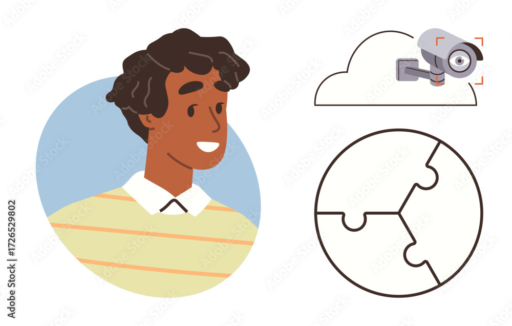 Poster person smiling, puzzle representing solutions, cloud storage with surveillance camera. ideal for inn
