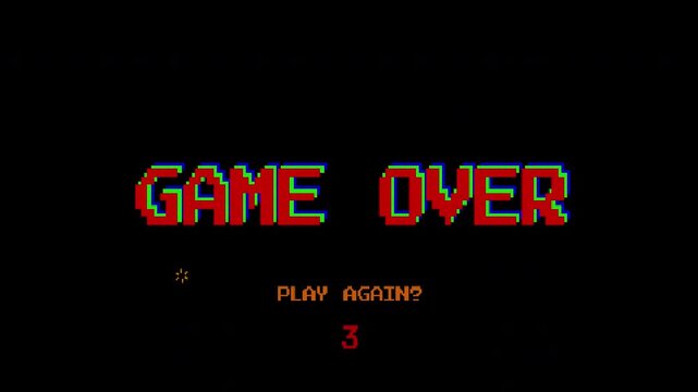 Game over animation text RGB on 8 bit retro game black background. 4k video. perfect for outro video game.