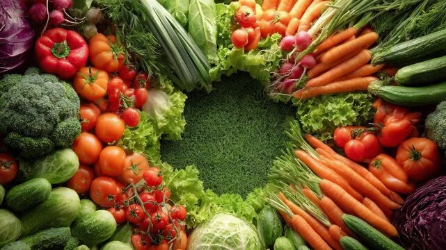 Colorful circle of fresh vegetables surrounding a leafy green center, featuring tomatoes, carrots, cucumbers, broccoli, peppers and cabbage.