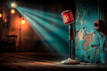 Beautiful spotlight on vintage microphone stand high resolution picture