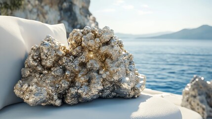 Extreme Close up Unrreal engine greek mythology mermaid pyrite cluster loveseat shaped a perfect symbiosis, a beautiful blending on one pyrite cluster loveseat and a greek mythology mermaid shape fusi