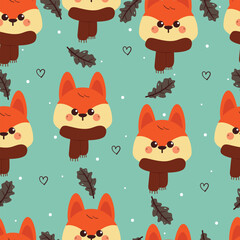 seamless pattern cute carton fox with leaves for autumn wallpaper. cute animal drawing for gift wrap paper