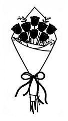 Simple black line art bouquet of dark roses in a wrapped conical shape