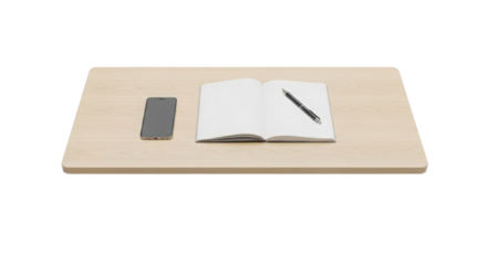 Desk with notebook, pen and smartphone isolated PNG with Transparent Background