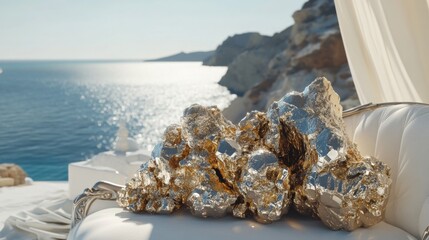 Extreme Close up Unrreal engine greek mythology mermaid pyrite cluster loveseat shaped a perfect symbiosis, a beautiful blending on one pyrite cluster loveseat and a greek mythology mermaid shape fusi