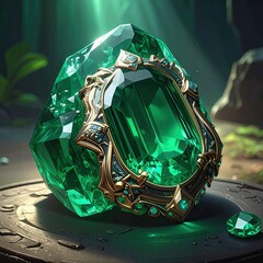 Emerald gem, ornate setting, mystical forest