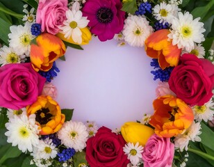 Fototapeta premium A circular arrangement of vibrant roses tulips daisies and muscari with a soft lilac background