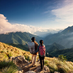 Obraz premium Adventurous Couple with Backpacks Standing on Peak Overlooking Deep Mountain Valley
