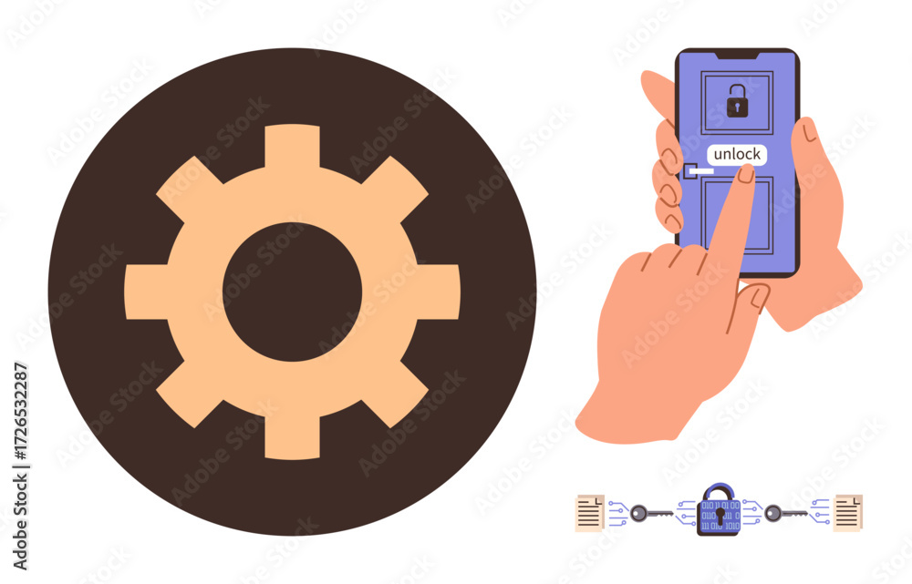 Aufkleber hand unlocking smartphone via touch access, gear for system settings, and secure lock chain. ideal f