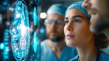 Caucasian surgeons examining brain scans on a digital screen in a high-tech OR, preparing surgical strategy, brain scan surgical planning, high-tech operating room teamwork, surgeo - Powered by Adobe