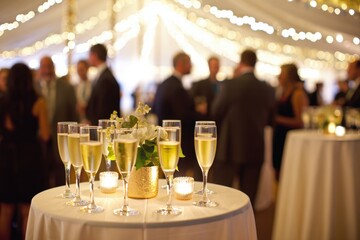 A champagne toast at a wedding reception, with guests mingling in the background under the soft glow of string lights, creating a festive atmosphere