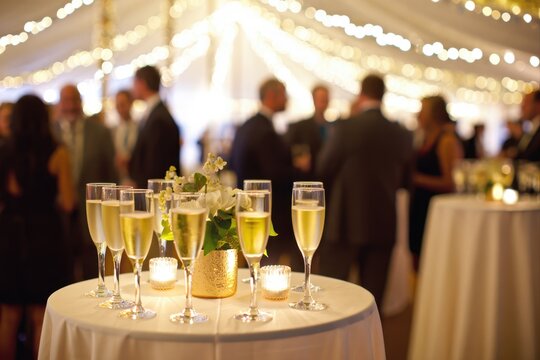 A champagne toast at a wedding reception, with guests mingling in the background under the soft glow of string lights, creating a festive atmosphere