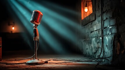 Classic microphone under glowing amber spotlight high resolution picture