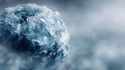 Close up of a fractured ice globe in a cold misty and blurred environment