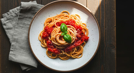 Homemade Spaghetti on Rustic Wooden Table with Natural Light
