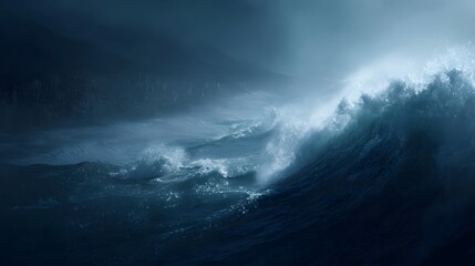 Fototapeta premium A massive powerful wave crashes near a misty dark coastline under a stormy sky evoking the impact of global warming