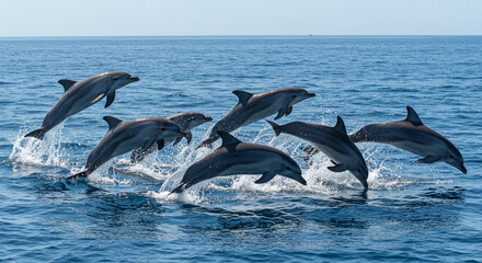Naklejka premium Playful Dolphins Jumping in Sea