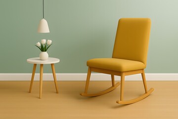 Obraz premium Modern Minimalist Living Room with Yellow Rocking Chair and White Table with Flowers under Pendant Light – Scandinavian Cozy Interior Design