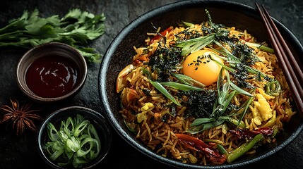 Colorful fried rice with toppings high resolution picture