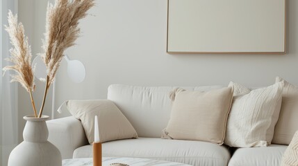 Minimalist Living Room Sofa Decor with Neutral Cushions and Dried Pampas Grass in Vase