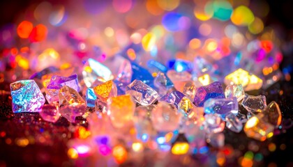 A collection of colorful faceted glass shards with blurred bokeh lights in the background
