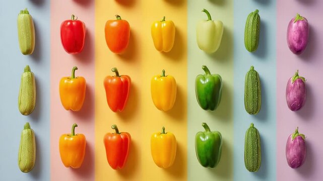 A grid of colorful bell peppers (red, orange, yellow, green) arranged on bright pastel backgrounds.
